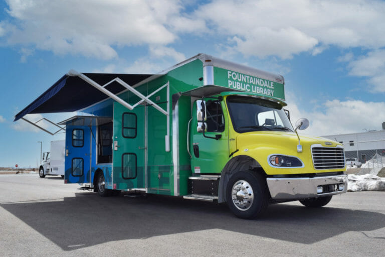 Fountaindale Public Library bookmobile with awning extended