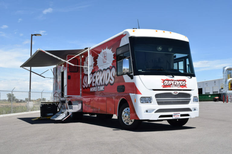 Exterior of Super Kids mobile medical vehicle